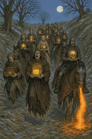 Mesnie Hellequin, créature du folklore (Normandie, chemin creux)